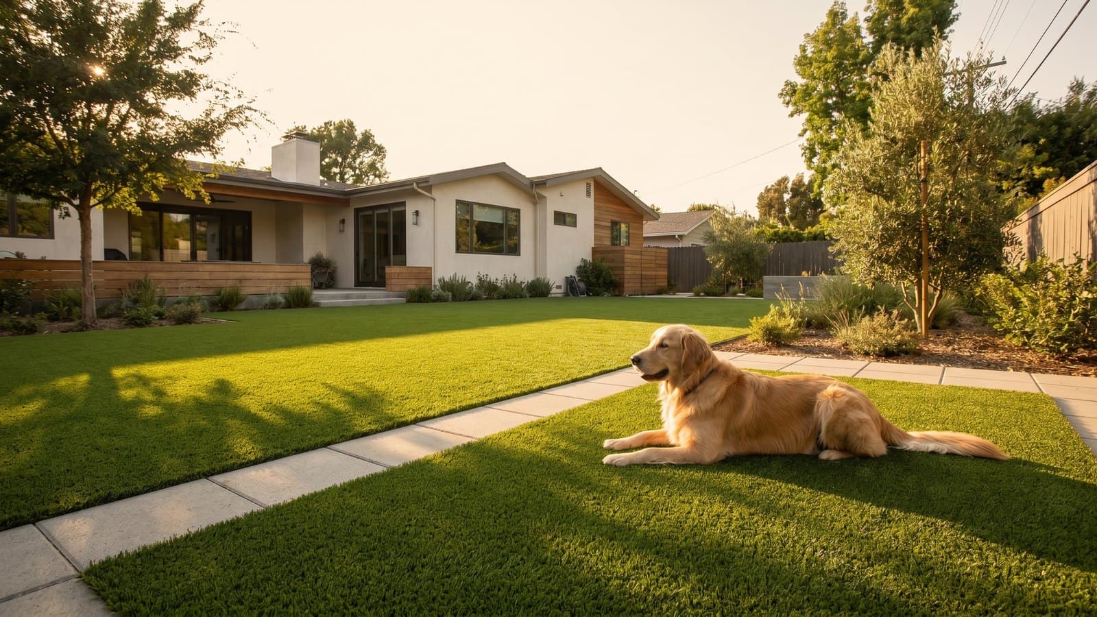 Pet-friendly artificial turf installation with dog using the surface